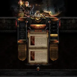 Interfejs graficzny strony internetowej gry MMO z motywami fantasy, z elementami menu, panelu gracza, aktualnościami i rankingami w ciemnej kolorystyce.