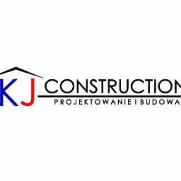 Logo firmy KJ Construction z niebiesko-czerwonym elementem graficznym przypominającym dom i czarnym napisem 'PROJEKTOWANIE I BUDOWA' pod spodem.
