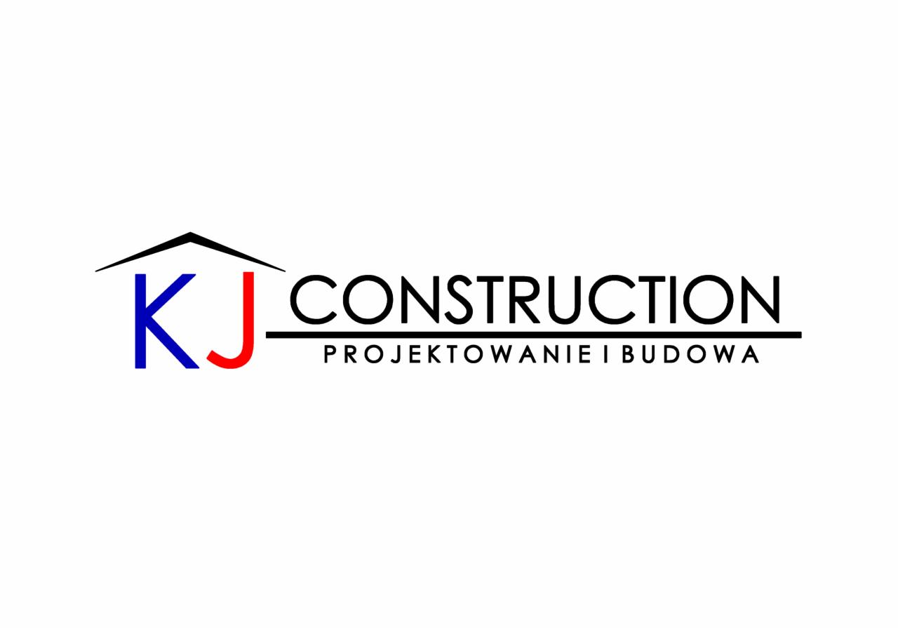Logo firmy KJ Construction z niebiesko-czerwonym elementem graficznym przypominającym dom i czarnym napisem 'PROJEKTOWANIE I BUDOWA' pod spodem.