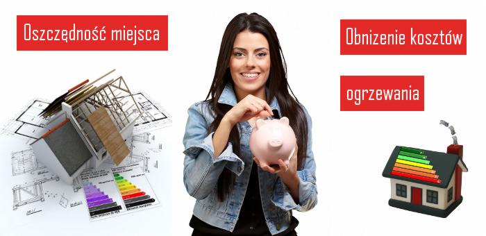 Kobieta wrzuca monetę do świnki skarbonki, obok wizualizacja projektu domu z elementami konstrukcyjnymi dachu, planami i certyfikatem energetycznym oraz model domu z naniesioną skalą zużycia energii.