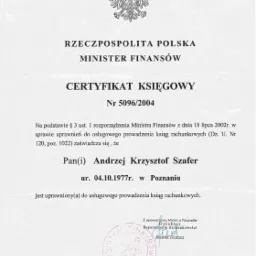 Skan certyfikatu księgowego wydanego przez Ministra Finansów Rzeczypospolitej Polskiej, numer 5096/2004, potwierdzający uprawnienia do usługowego prowadzenia ksiąg rachunkowych dla Andrzeja...