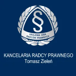 Logo Kancelarii Radcy Prawnego Tomasz Zieleń na granatowym tle, z symbolem paragrafu wewnątrz wieńca z liści i napisem Krajowa Izba Radców Prawnych.