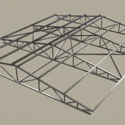 Wizualizacja 3D ramy dachu hali stalowej z Katowic, ukazująca konstrukcję kratownicową z profili stalowych, na jednolitym tle.