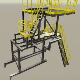 Wizualizacja 3D dwupoziomowej platformy stalowej z żółtymi barierkami i schodami, prezentująca konstrukcję nośną i elementy zabezpieczające.