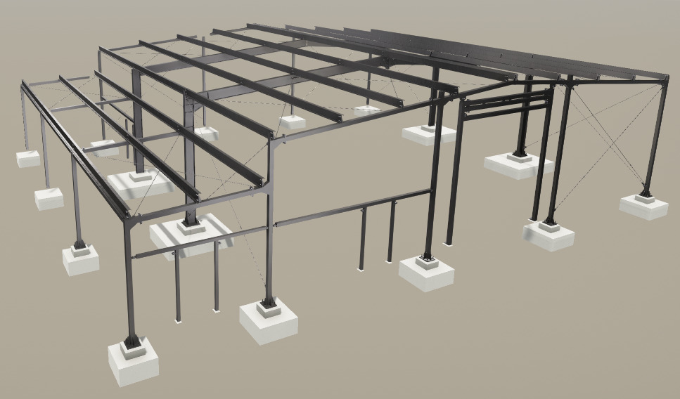 Wizualizacja 3D konstrukcji stalowej hali z widocznymi słupami, belkami i fundamentami, prezentowana w szarym otoczeniu.