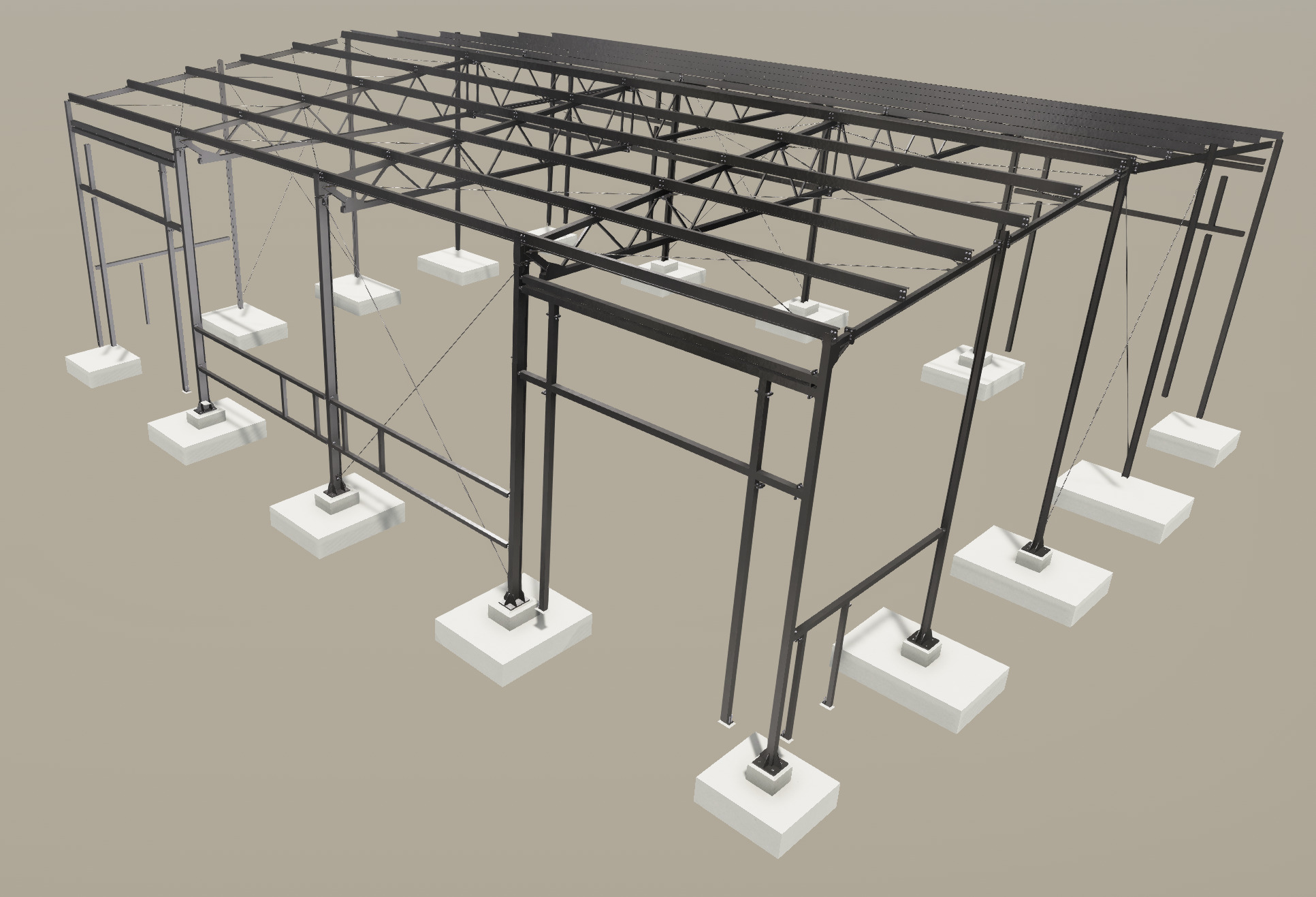 Wizualizacja 3D szkieletu hali stalowej z fundamentami, widok z góry, prezentacja etapu montażu konstrukcji.