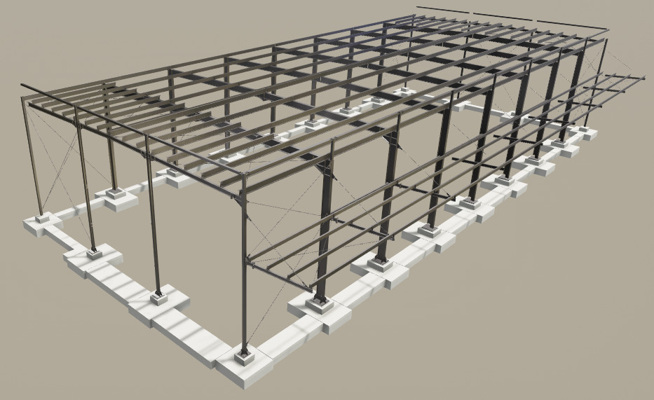 Wizualizacja 3D szkieletu hali stalowej z fundamentami, widok z góry pod kątem, ukazujący konstrukcję nośną z belek i słupów.
