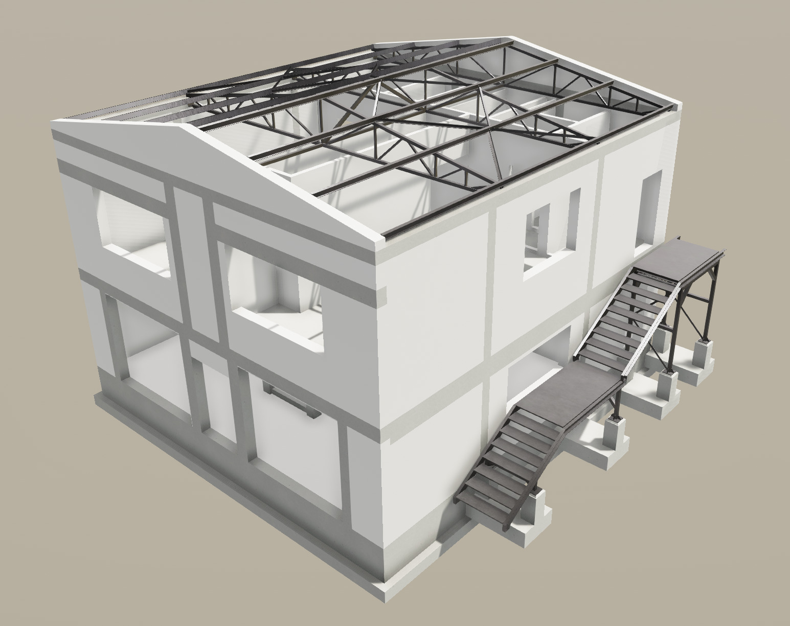 Wizualizacja 3D dwukondygnacyjnego budynku w trakcie budowy, prezentująca konstrukcję stalową dachu i schody zewnętrzne prowadzące na pierwsze piętro.