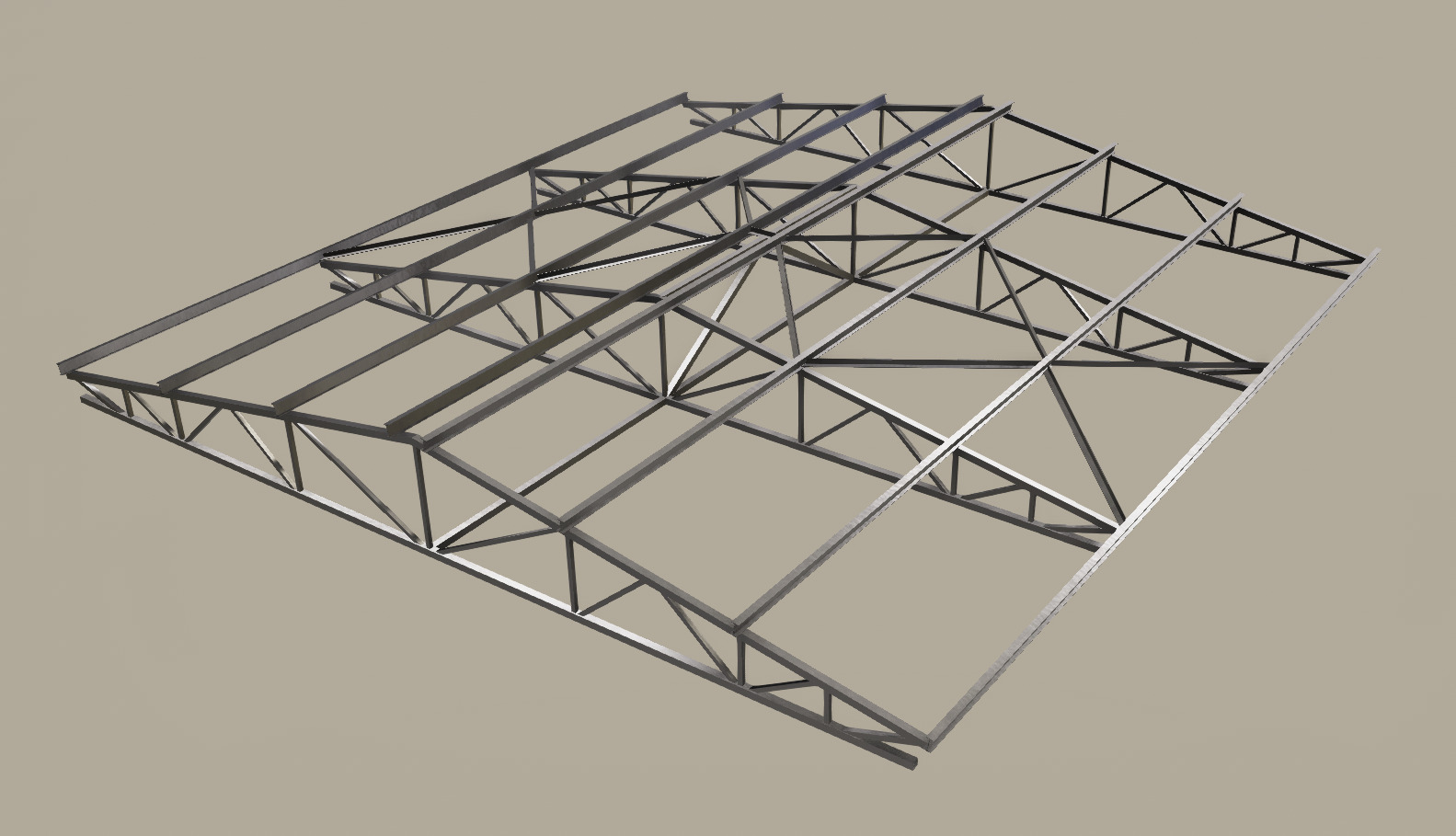 Wizualizacja 3D ramy dachu hali stalowej z Katowic, ukazująca konstrukcję kratownicową z profili stalowych, na jednolitym tle.