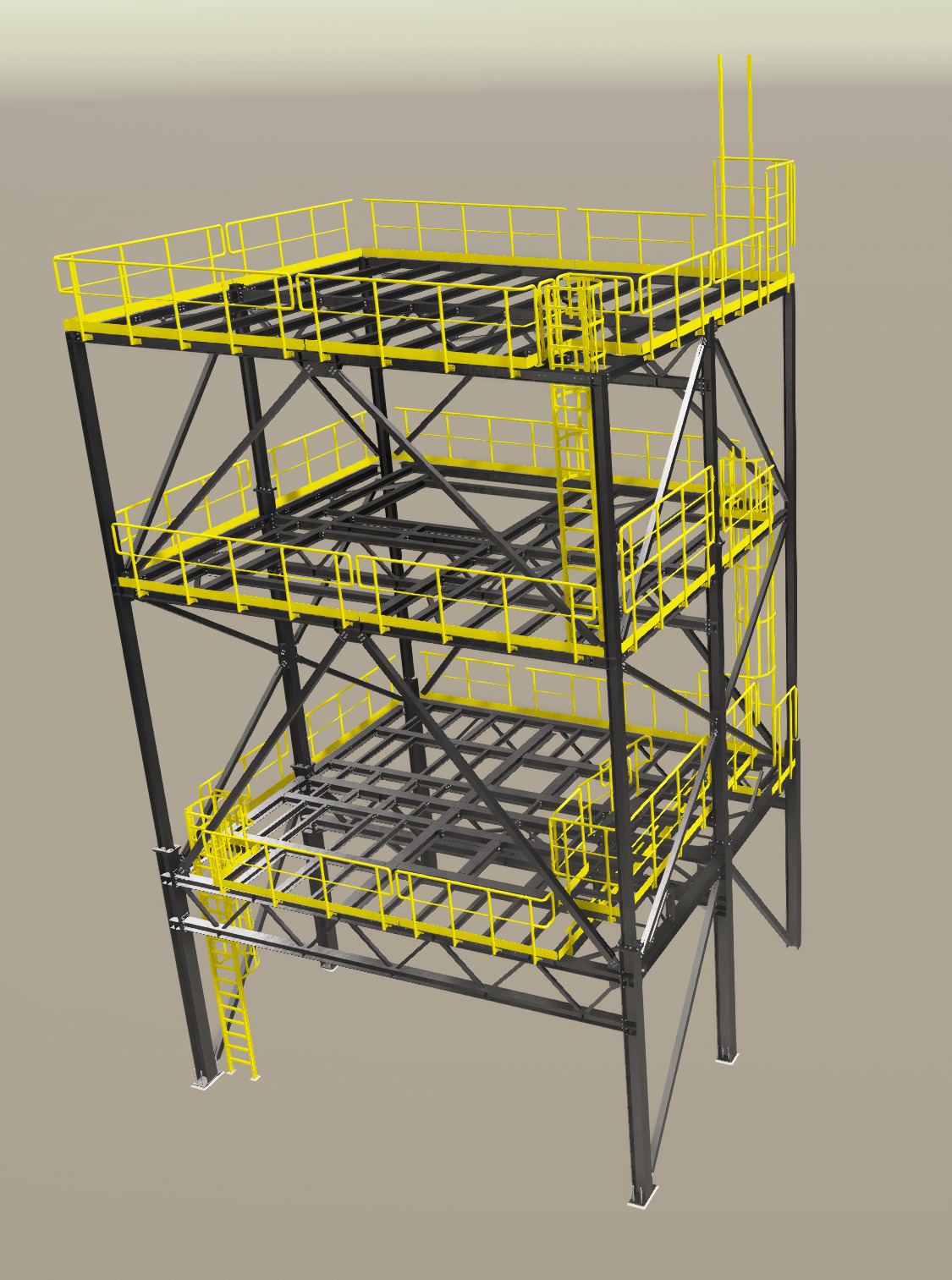 Wizualizacja 3D trójkondygnacyjnej konstrukcji stalowej z żółtymi barierkami, widoczne schody drabinkowe i stalowe profile