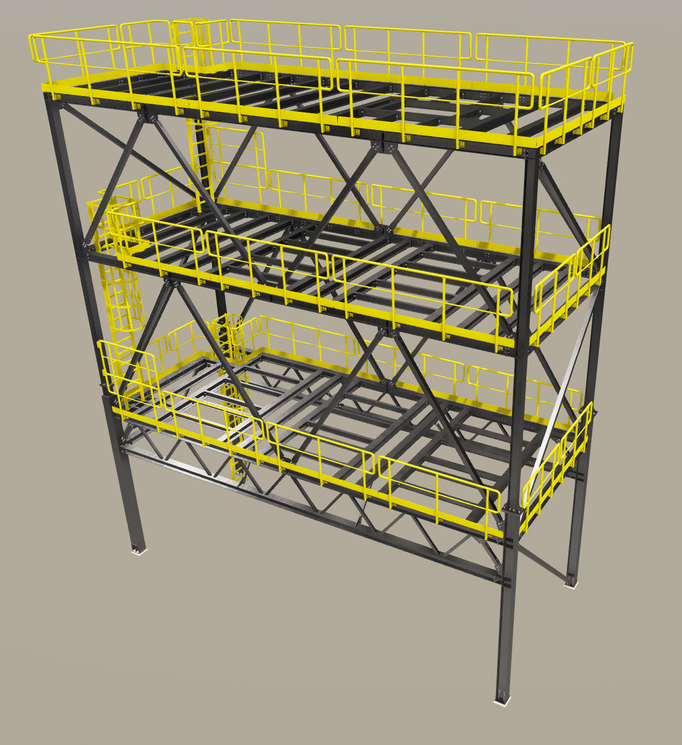Wizualizacja 3D trzykondygnacyjnej konstrukcji stalowej z żółtymi barierkami ochronnymi i drabinkami, na szarym tle.