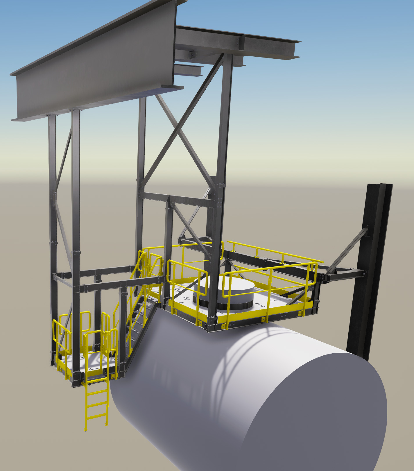 Wizualizacja 3D stalowej konstrukcji wsporczej z żółtymi barierkami i schodami, umieszczonej nad cylindrycznym zbiornikiem, z widocznymi elementami kratownicowymi i belkami.