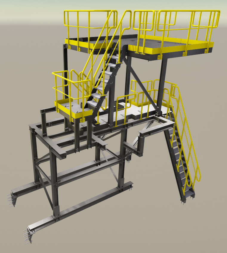 Wizualizacja 3D dwupoziomowej platformy stalowej z żółtymi barierkami i schodami, prezentująca konstrukcję nośną i elementy zabezpieczające.