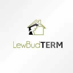 Logo firmy LewBudTERM: stylizowany dom z osobą aplikującą izolację, nazwa firmy w kolorach zieleni i szarości.