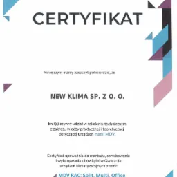 Certyfikat firmy NEW KLIMA SP. Z O.O. upoważniający do montażu i serwisowania urządzeń klimatyzacyjnych marki MDV, ważny do 30-06-2021, podpisany przez Dyrektora Technicznego.