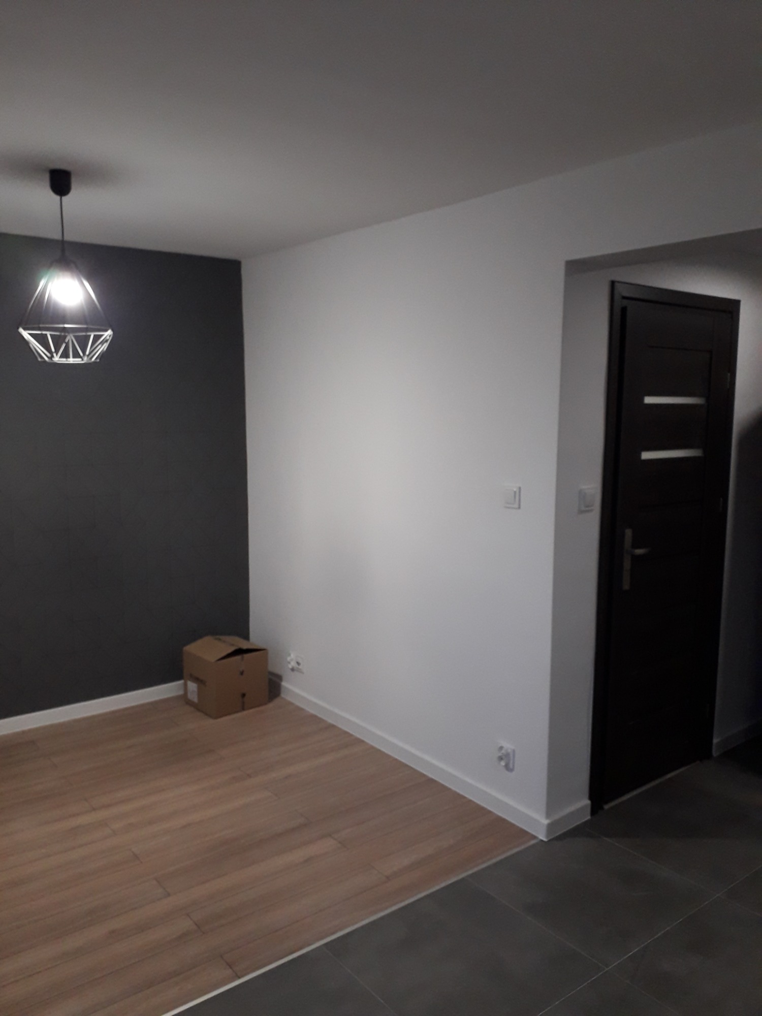 Wnętrze pokoju po malowaniu: jedna ściana grafitowa, druga biała, podłoga z paneli drewnopodobnych, nowoczesna lampa wisząca, ciemne drzwi z trzema poziomymi przeszkleniami, karton na podłodze.