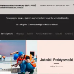 Fragment strony internetowej sklepu BHP z nagłówkiem, menu nawigacyjnym i zdjęciami pracowników w odzieży roboczej.