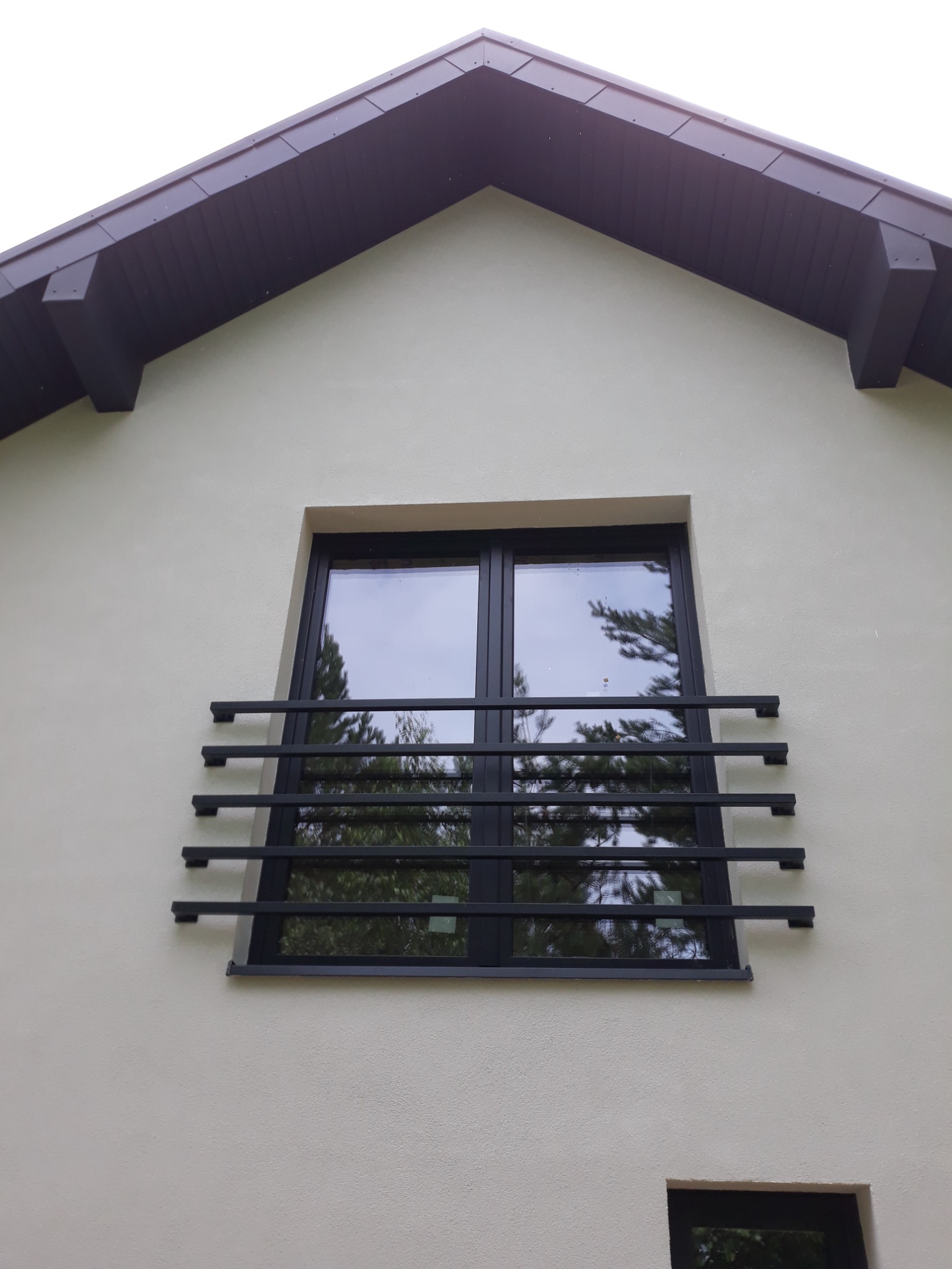 Zewnętrzna, pozioma krata okienna z czarnych, prostokątnych profili zamontowana na elewacji domu z oknem, odbijająca drzewa.