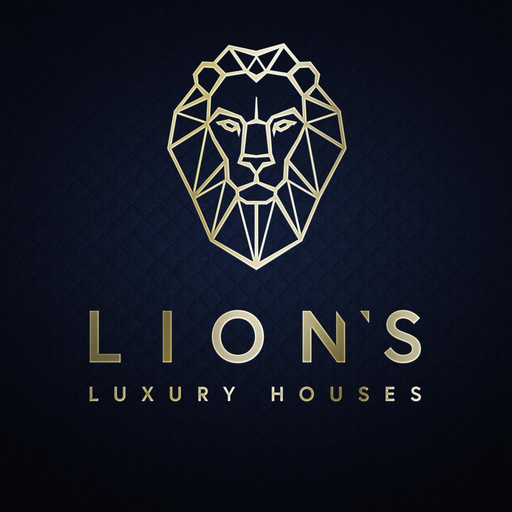 Złoty geometryczny lew na ciemnym tle, logo firmy Lion's Luxury Houses.