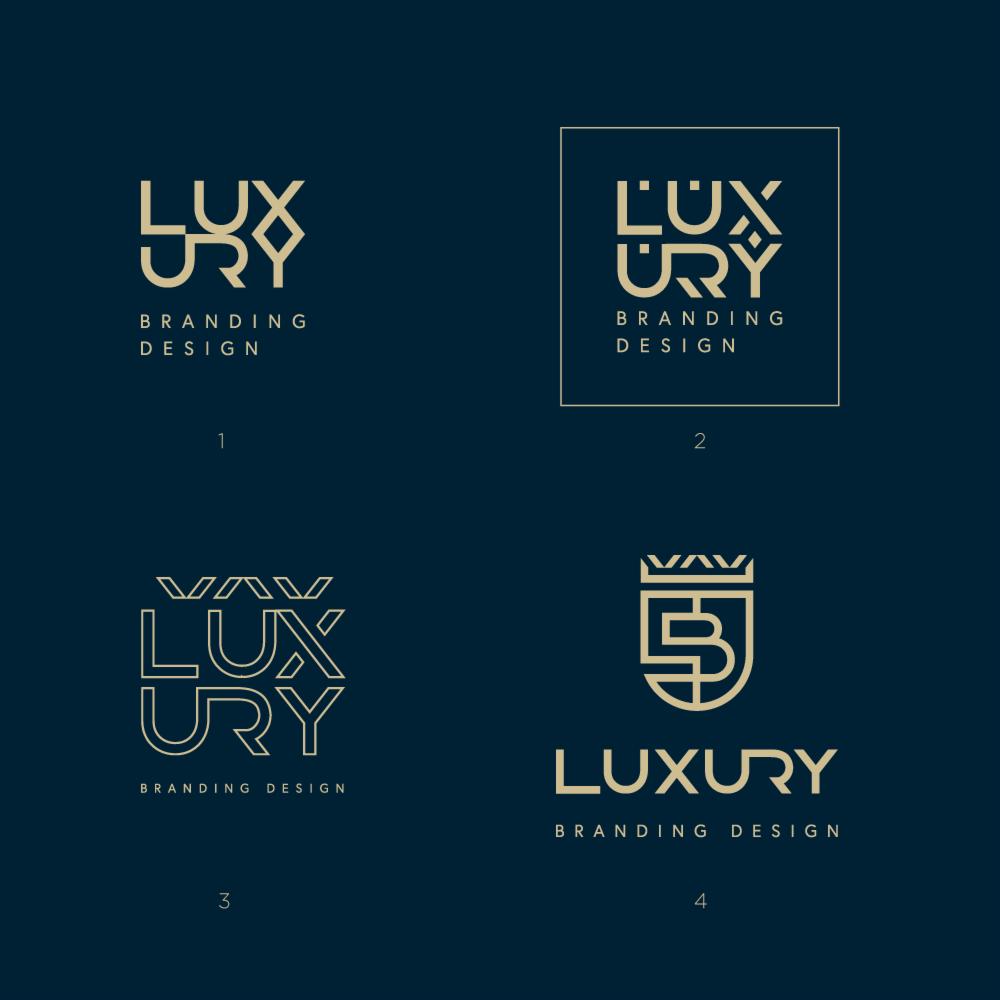 Cztery warianty złotych logo z napisem 'Luxury' na granatowym tle, minimalistyczny design.