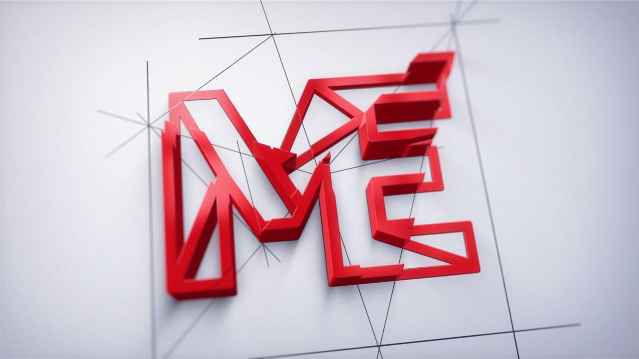 Czerwone, przestrzenne litery M i E, tworzące logo na białym tle z delikatną siatką linii pomocniczych.