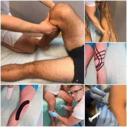 Kolaż zdjęć przedstawiających różne etapy terapii nogi: masaż stawu kolanowego, naklejanie taśm kinesiotaping, iniekcja. Widoczne dłonie terapeuty, igła z strzykawką oraz fragmenty nóg pacjenta.