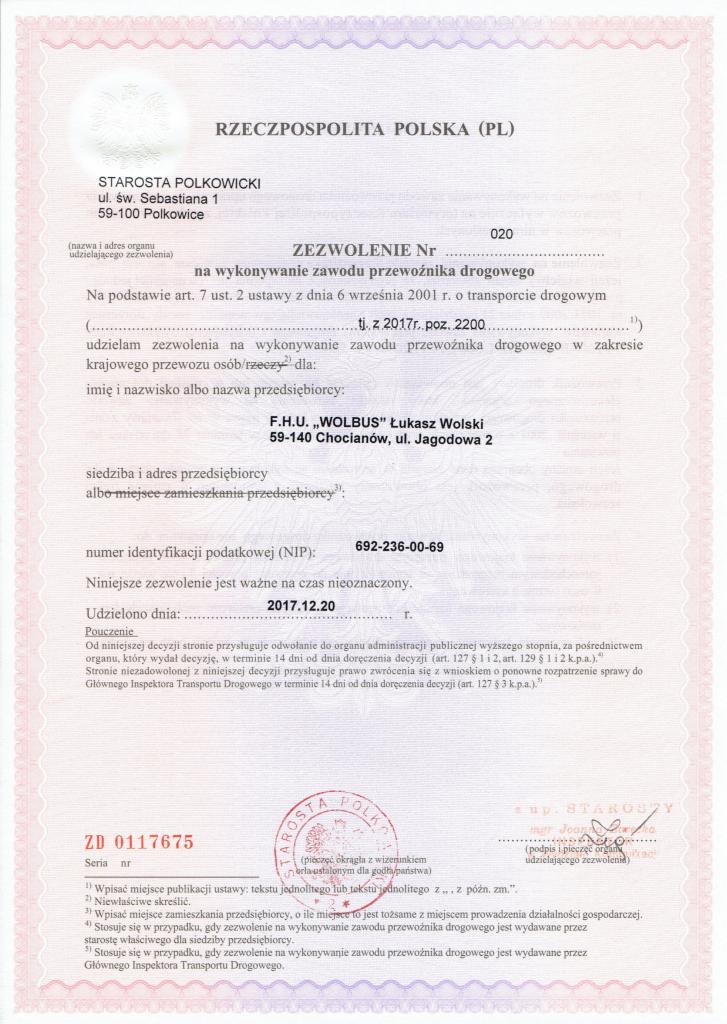 Skan dokumentu: Zezwolenie na wykonywanie zawodu przewoźnika drogowego dla F.H.U. WOLBUS, wydane przez Starostę Polkowickiego.