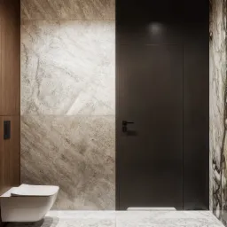 Nowoczesna łazienka: wisząca toaleta, marmurowe ściany w beżach i brązach, ukryte drzwi w kolorze antracytu. Minimalizm i elegancja w aranżacji wnętrza.