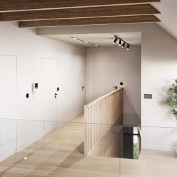 Aleksandra Lachman - Jasne wnętrze domu z drewnianymi belkami stropowymi, szklaną balustradą i minimalistycznymi drzwiami. Widoczne oświetlenie punktowe i roślina doniczkowa.