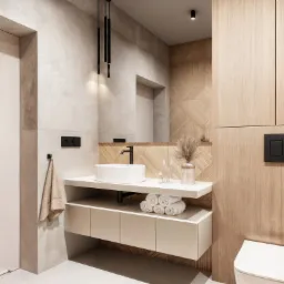 Minimalistyczna łazienka: okrągła umywalka, drewniane panele, czarne lampy wiszące. Nowoczesny design z dbałością o detale i stonowaną kolorystykę.