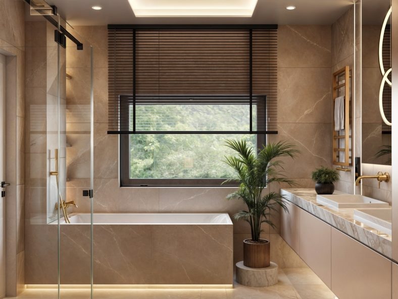 Elegancka łazienka z wanną obudowaną płytkami imitującymi marmur, drewniane żaluzje w oknie i rośliny doniczkowe. Nowoczesny design z oświetleniem LED.
