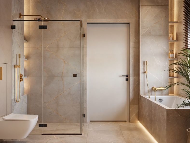 Elegancka łazienka z kabiną prysznicową typu walk-in, beżowymi płytkami z marmurowym wzorem i złotą armaturą. Oświetlenie LED podkreśla luksusowy charakter wnętrza.