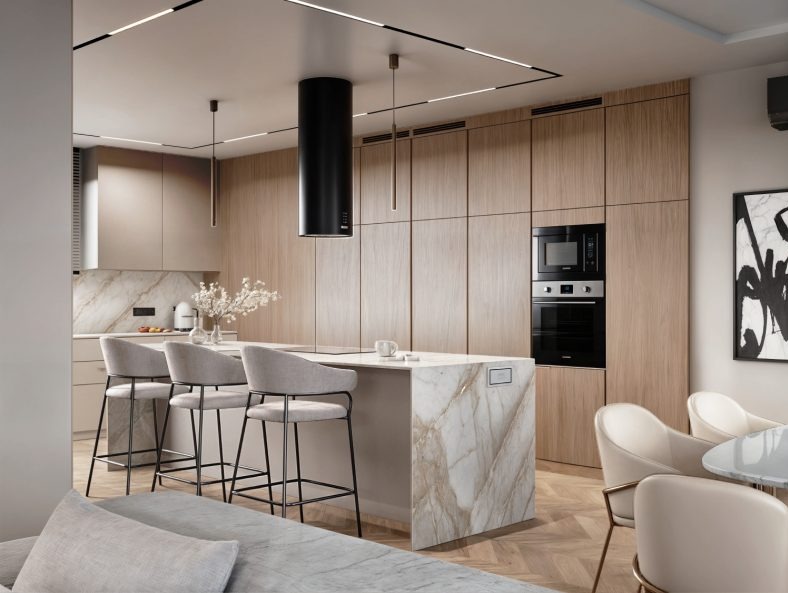 Elegancka kuchnia z marmurową wyspą, drewnianymi frontami szafek i nowoczesnym oświetleniem. Minimalistyczny design z czarnym okapem i krzesłami barowymi.