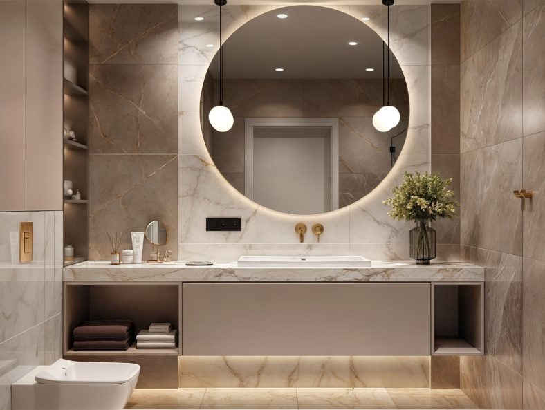 Elegancka łazienka z okrągłym lustrem podświetlanym LED, marmurowymi płytkami i beżowymi szafkami. Minimalistyczny design, złote akcenty i dekoracyjny bukiet w wazonie.