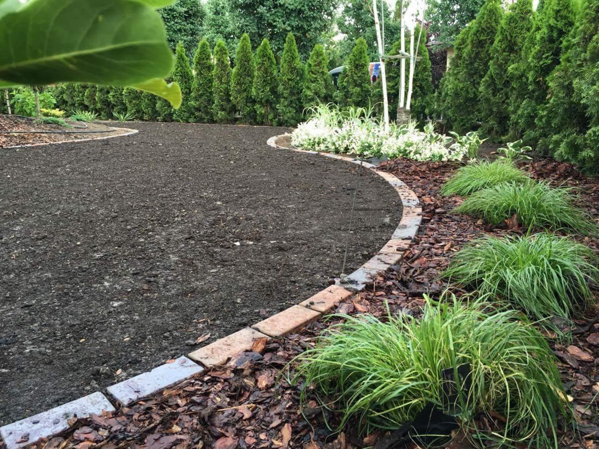 Przygotowany teren pod trawnik lub nasadzenia, obrzeże z kostki, kora i ozdobne trawy, w tle wysokie tuje i brzozy.