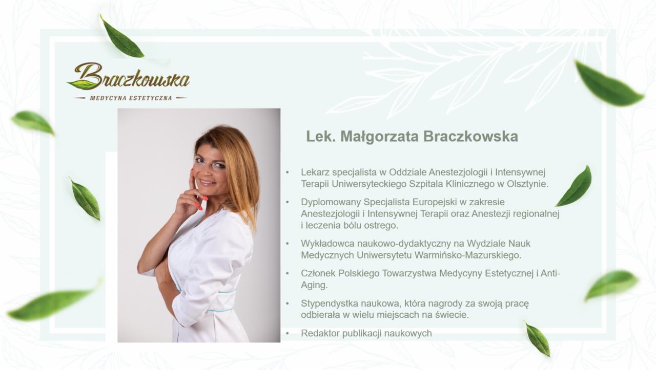Portret lekarki Małgorzaty Braczkowskiej w białym uniformie na tle grafiki z liśćmi, prezentacja kwalifikacji i doświadczenia zawodowego.