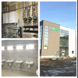 Kolaż zdjęć: kotłownia z dwoma piecami gazowymi, rozbudowana instalacja z rurami i manometrami, umywalnia z czterema umywalkami oraz budynek z logo firmy RUBO i oknami w folii ochronnej.