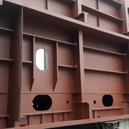 Pomarańczowo-brązowa, stalowa konstrukcja kontenera z licznymi wzmocnieniami, otworami i ramami, widziana z dołu pod kątem.