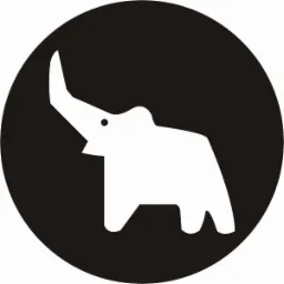 Stylizowana, biała sylwetka słonia z podniesioną trąbą na czarnym, okrągłym tle.