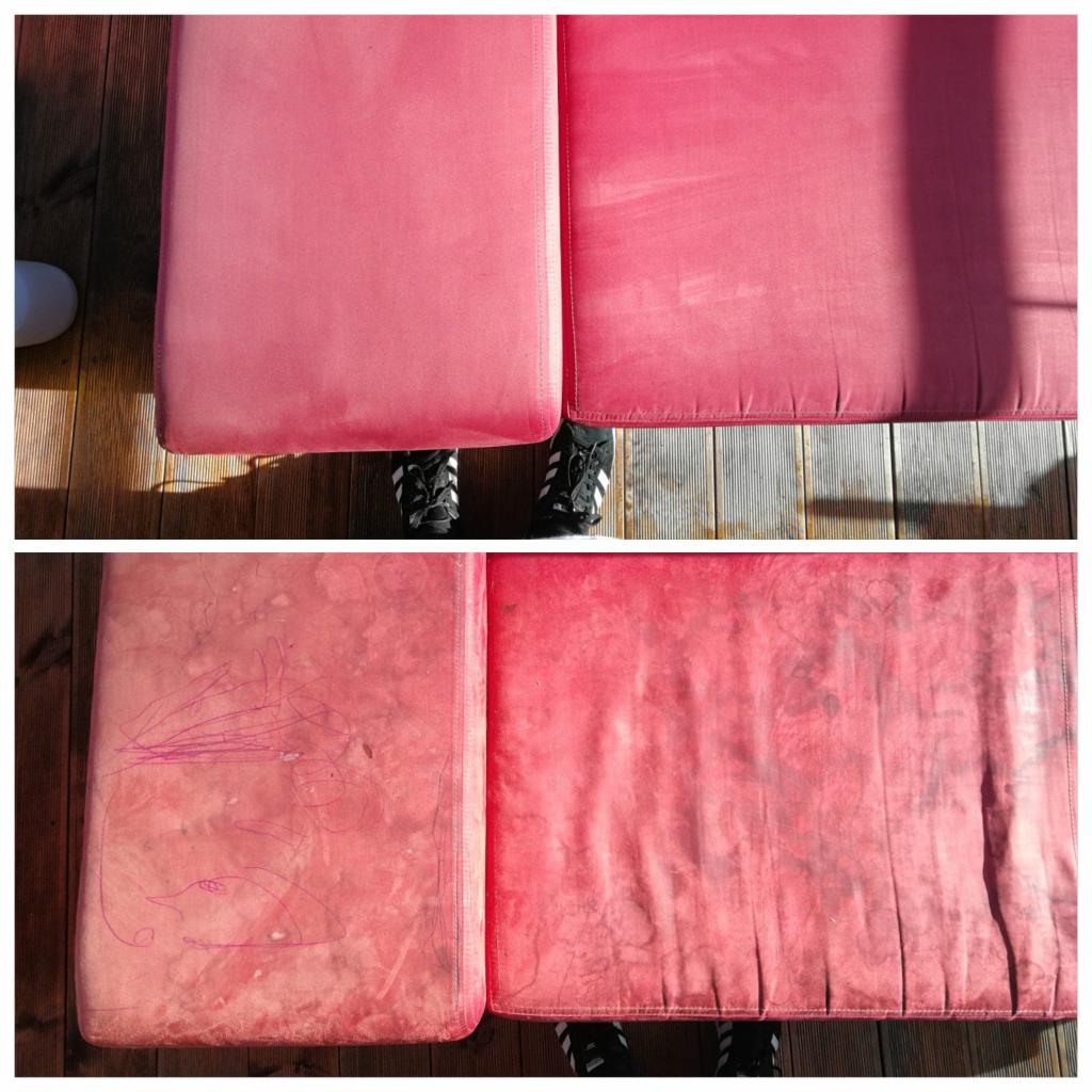 Dwa ujęcia tego samego czerwonego siedziska kanapy: górne pokazuje czystą powierzchnię po prawej i fragment po lewej, dolne pokazuje zabrudzoną powierzchnię z rysunkami po lewej i po prawej...