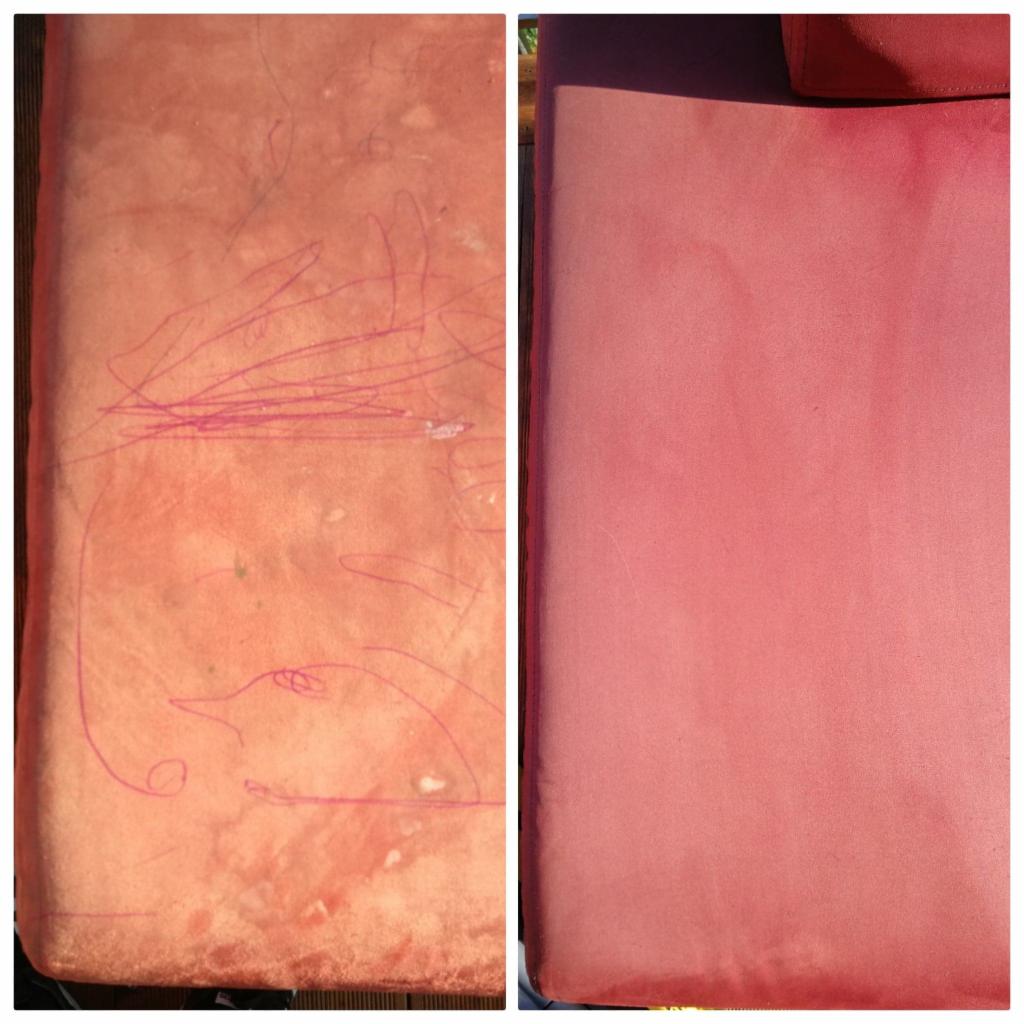 Porównanie: Fragment czerwonej tapicerki kanapy przed i po czyszczeniu, z widocznymi śladami po długopisie usuniętymi po prawej stronie.