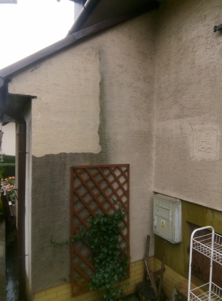 Fragment elewacji budynku z widocznymi śladami zabrudzeń i zacieków, częściowo zakryty drewnianą kratą z pnącą rośliną, skrzynka elektryczna zamontowana na ścianie.