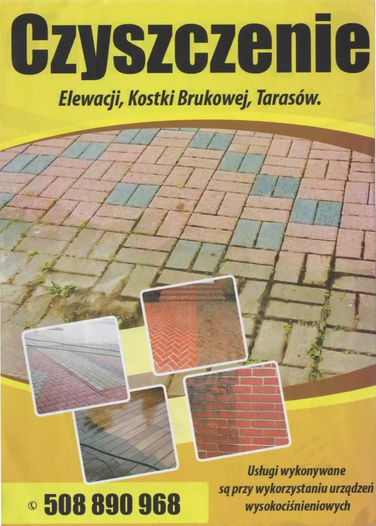 Plakat reklamowy z hasłem 'Czyszczenie elewacji, kostki brukowej, tarasów' i numerem telefonu, prezentujący zdjęcia kostki brukowej, elewacji i tarasów przed i po czyszczeniu.