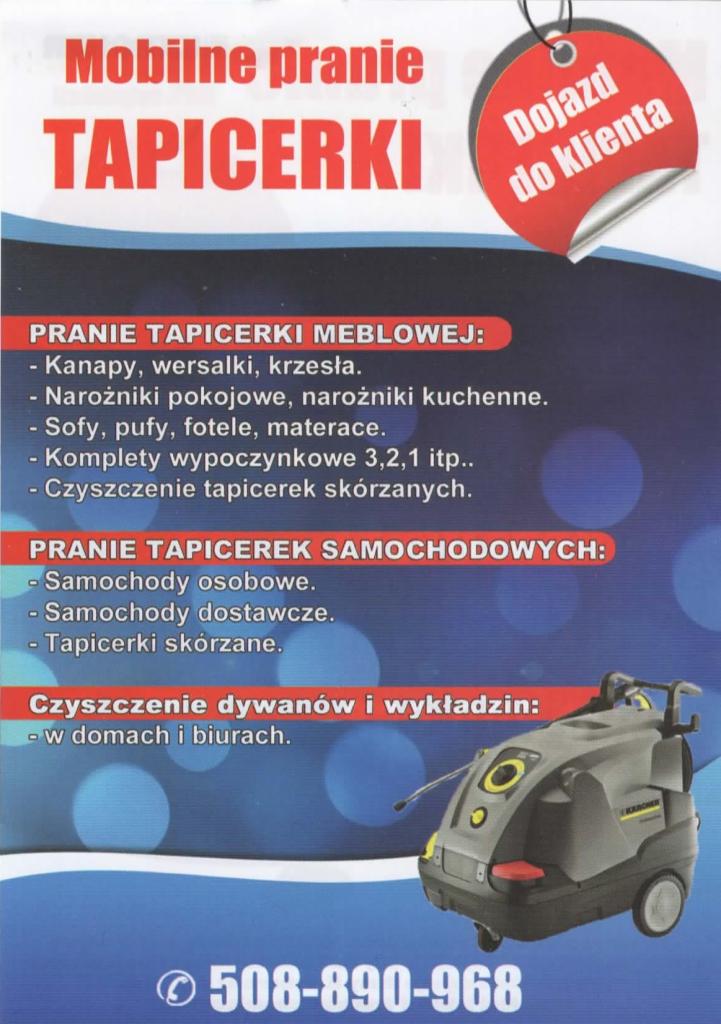 Plakat reklamowy firmy z Krakowa oferującej mobilne pranie tapicerki meblowej i samochodowej, czyszczenie dywanów i wykładzin, z informacją o dojeździe do klienta i numerem telefonu.