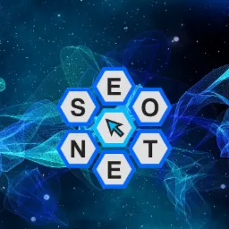 Abstrakcyjne tło kosmiczne z niebieskimi, półprzezroczystymi falami i sześciokątami z literami układającymi się w słowo 'SEO NET' oraz kursorem myszy.