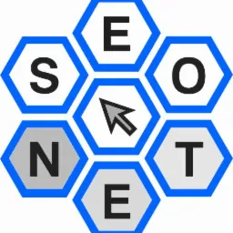 Grafika przedstawiająca siedem heksagonów ułożonych w okrąg. Sześć z nich zawiera litery tworzące słowo 'SEONET', a środkowy heksagon zawiera szarą ikonę kursora myszy skierowanego w lewo.