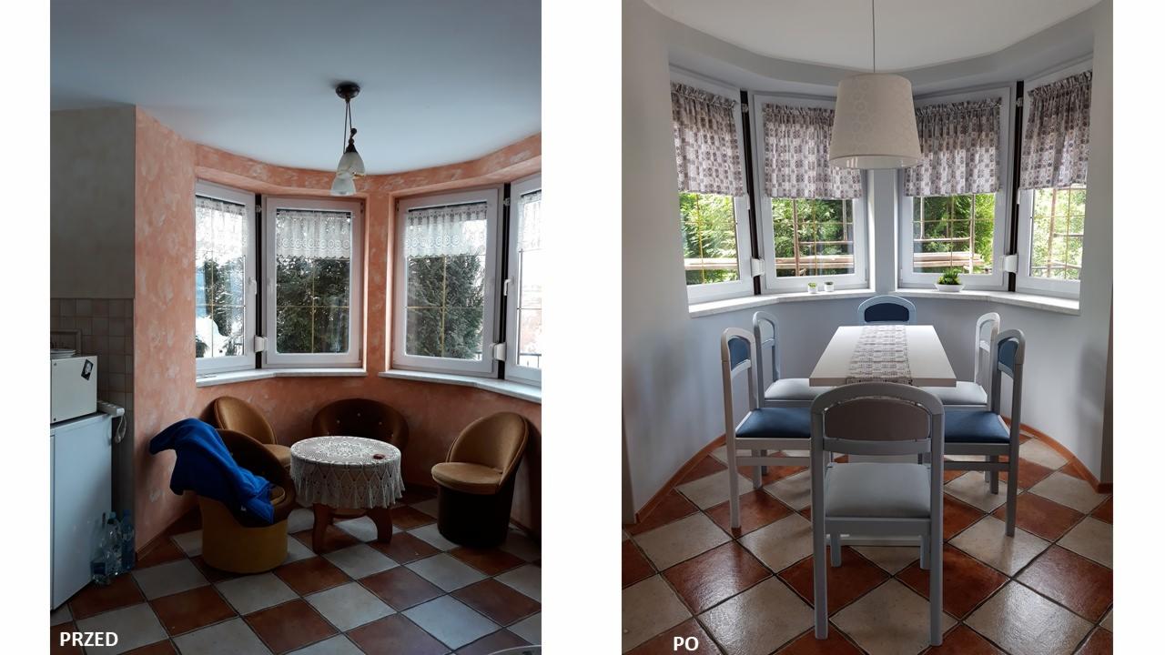 Porównanie stanu pomieszczenia przed i po odświeżeniu: po lewej stronie pokój z pomarańczowymi ścianami, starymi meblami i butelkami na podłodze, po prawej stronie odnowione wnętrze z szarymi...