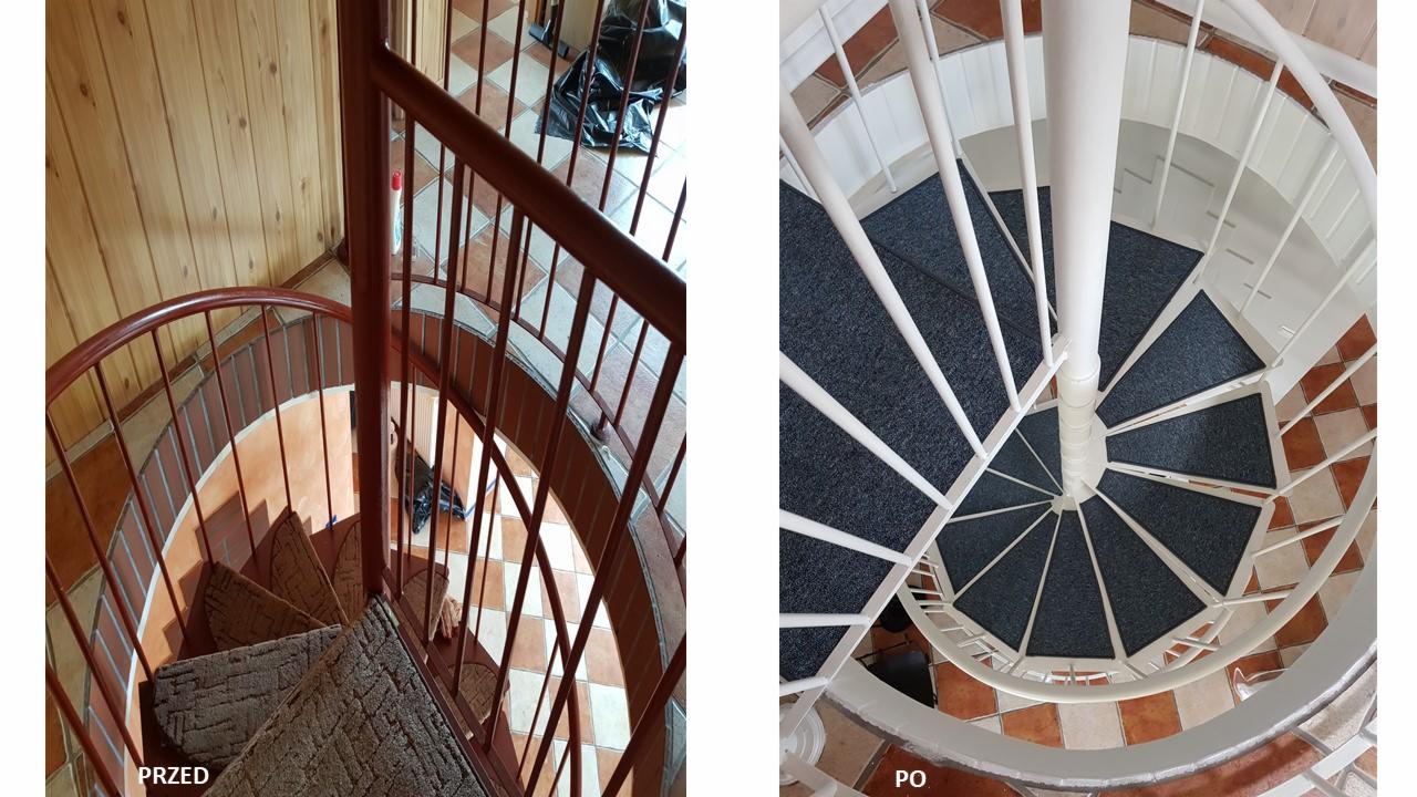 Porównanie stanu schodów spiralnych przed i po renowacji: od brązowych z dywanem do białych z szarymi nakładkami antypoślizgowymi.
