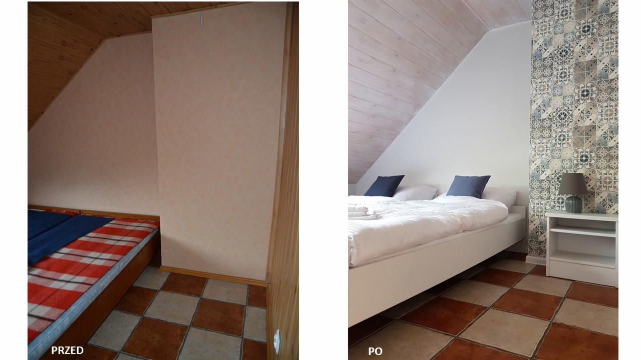 Zdjęcie typu 'przed i po' przedstawia metamorfozę pokoju na poddaszu: od pokoju z boazerią, wzorzystą tapetą i prostym łóżkiem, do jasnego pokoju z białą boazerią sufitową, białą ścianą...
