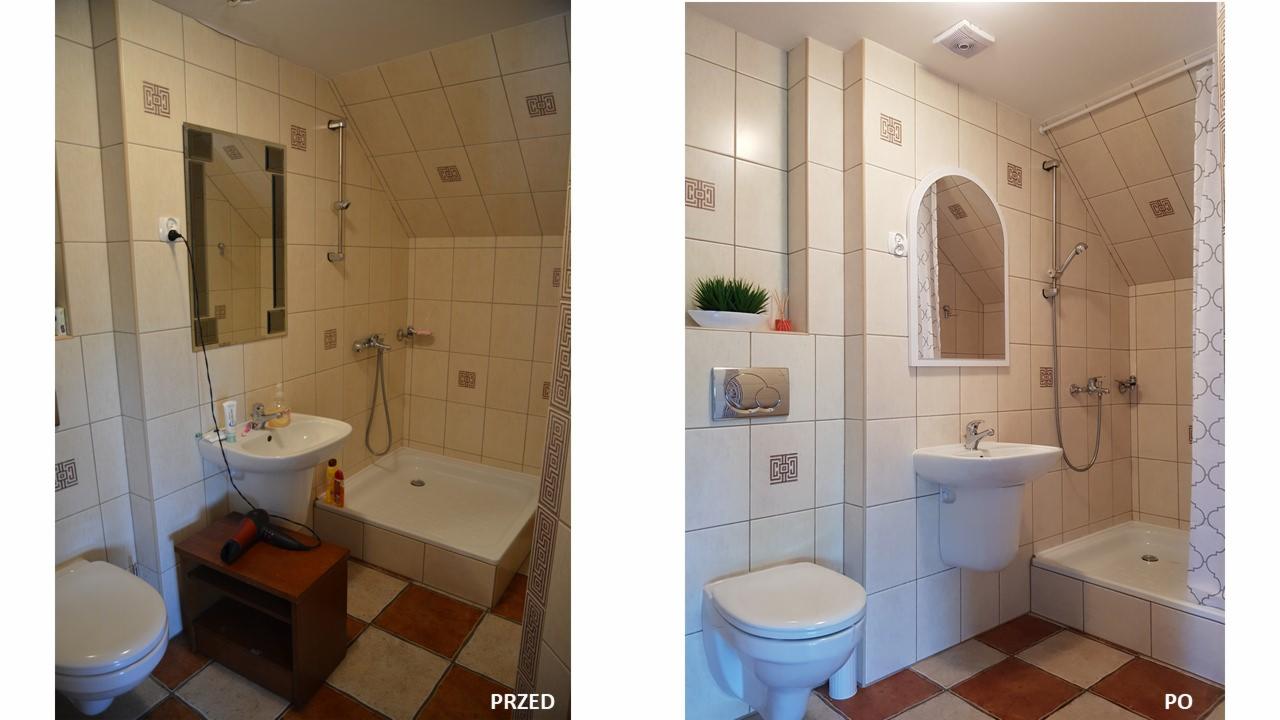 Porównanie łazienki przed i po metamorfozie: widoczne zmiany w oświetleniu, armaturze i dekoracjach, z akcentem na poprawę estetyki i funkcjonalności przestrzeni pod wynajem.